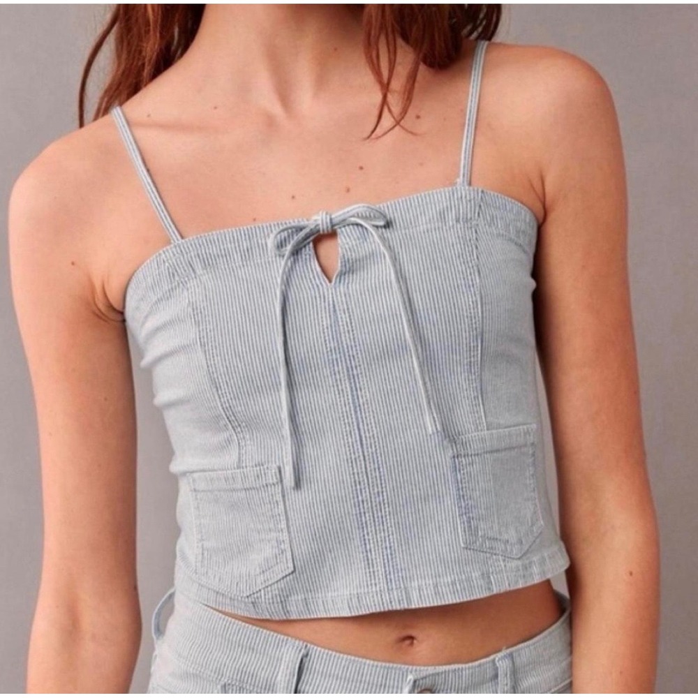 American Eagle Womens Blue White Railroad Stripe Cropped Denim Cami Top XS